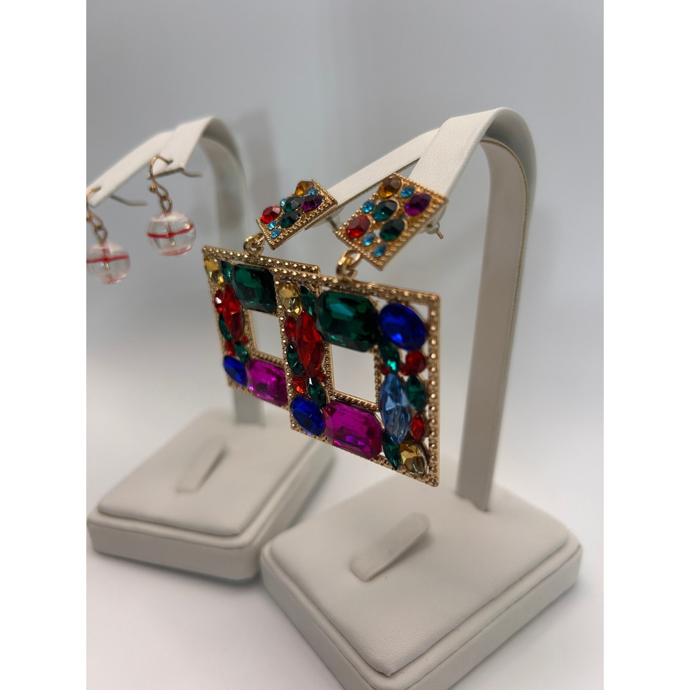 Earring Set Women OS Multicolor Good Gemstone Square & Striped Orb - Picture 4 of 12